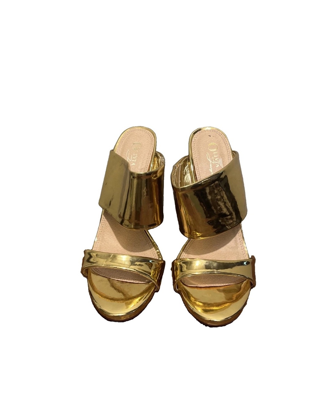 Olivia Jayne’s Gold Metallic Slide Sandals with Wide Strap Sz 8